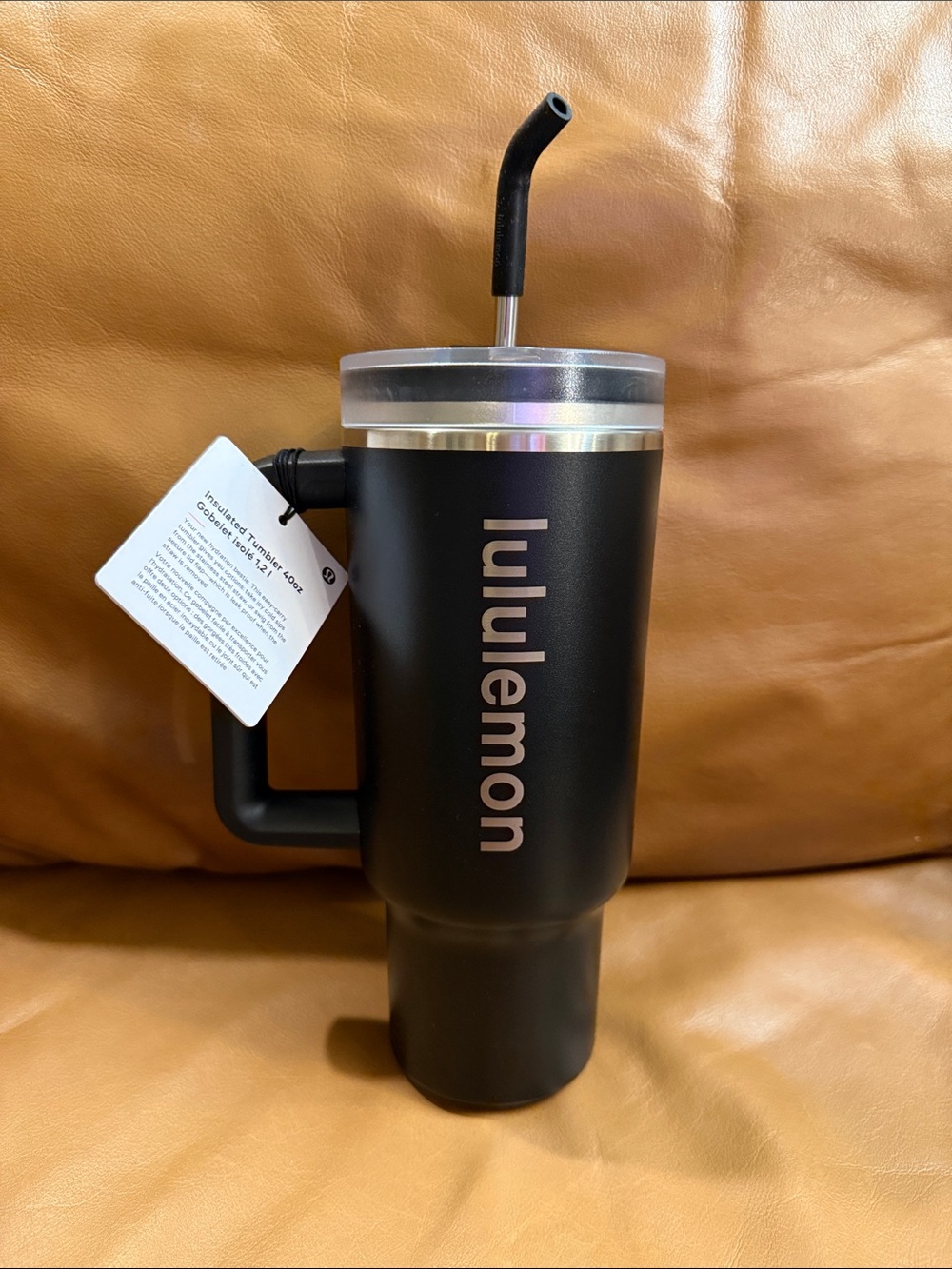 NWT Lululemon Insulated Tumbler 40oz with Straw Black Silver Double Walled Steel